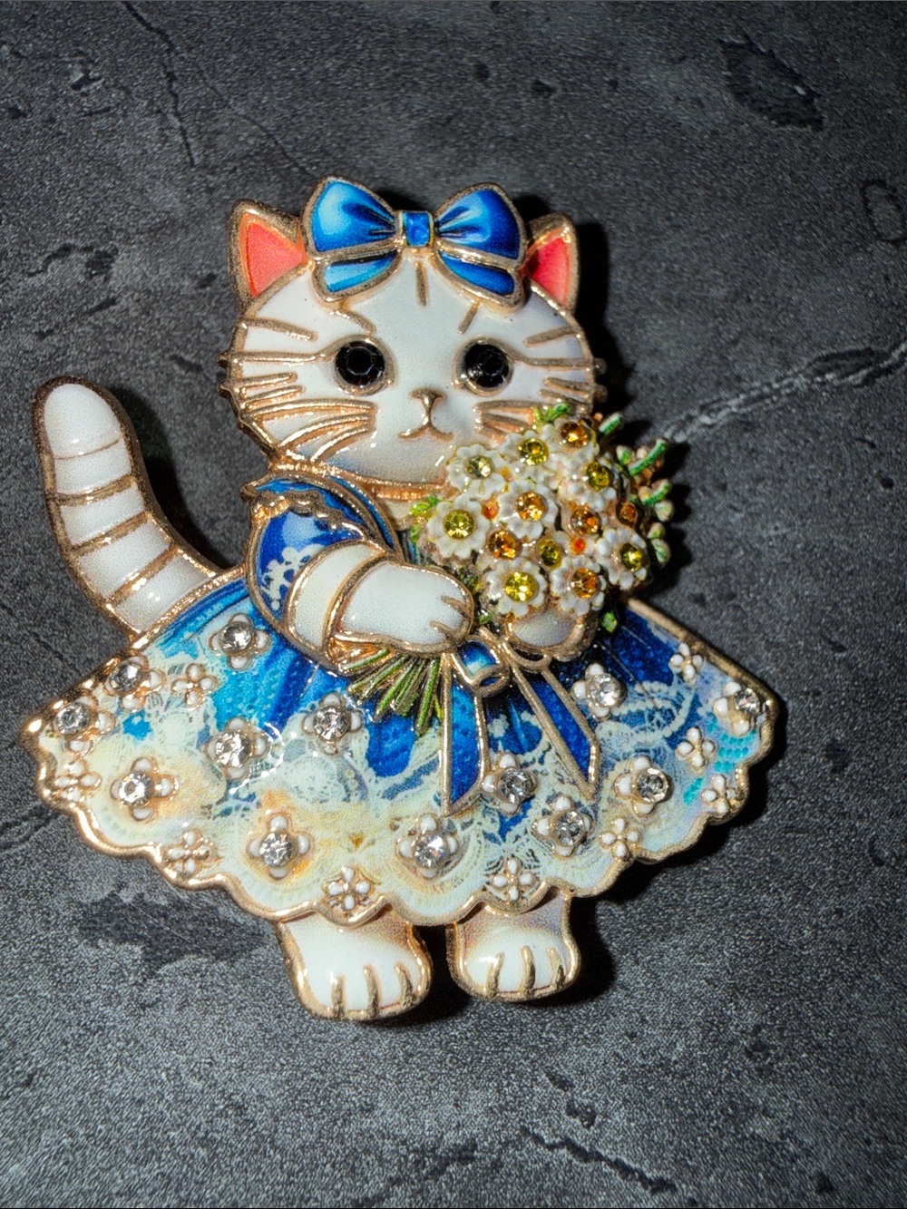 Blue Dress Cat Brooch Pin with Bouquet